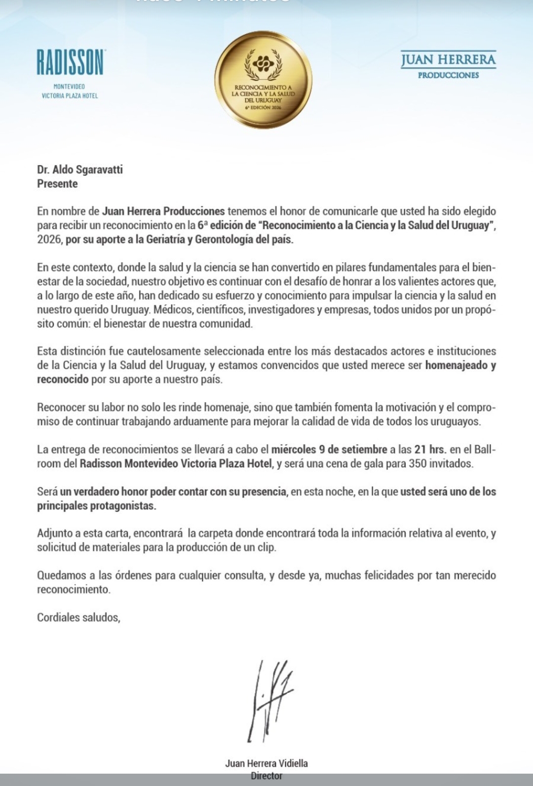 Carta de Reconocimiento Juan Herrera Producciones